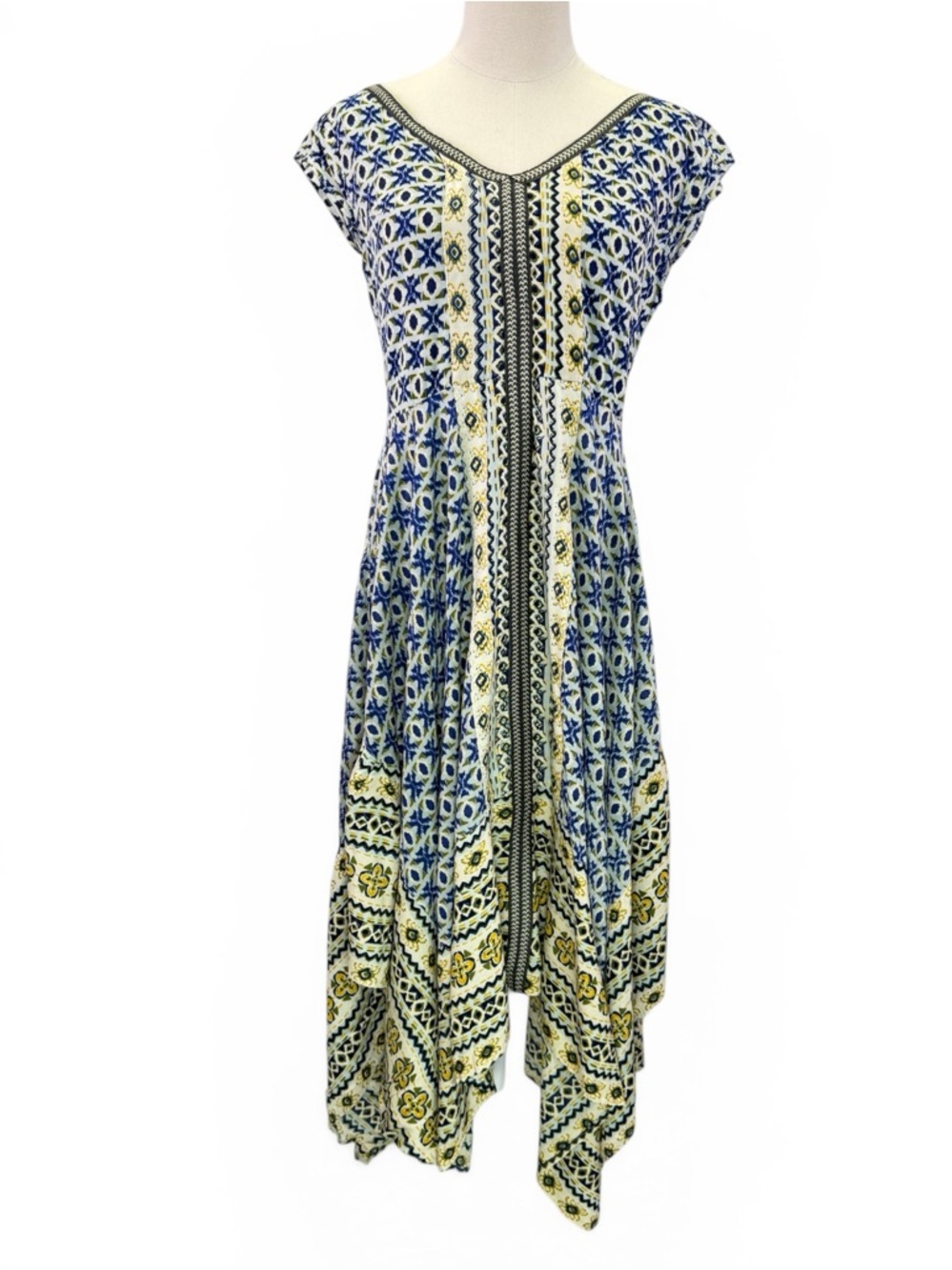 Lola P Women's Blue Yellow Geometric Boho Maxi V Neck Dress Size S